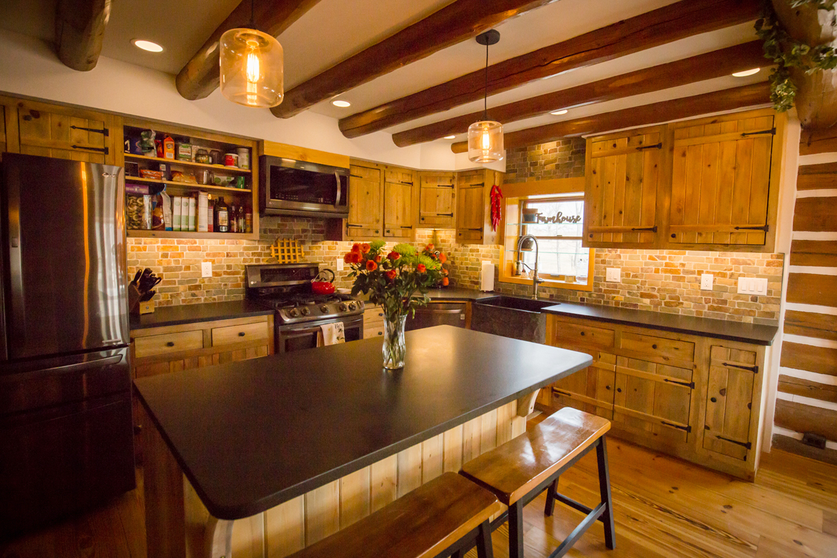 Rustic Cabin Remodel. Beetle Kill Pine custom cabinetry.